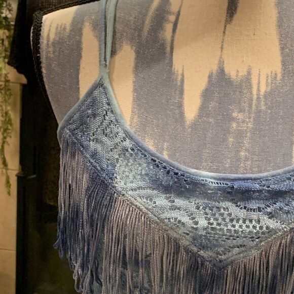Free People light blue tie dye to ombre black lace cami with fringe accents 2 - Picture 13 of 16